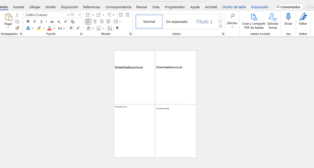 como dividir una hoja en 4 secciones en microsoft word