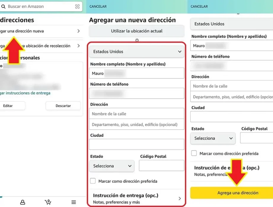 como puedo cambiar la direccion de envio en mi cuenta de amazon