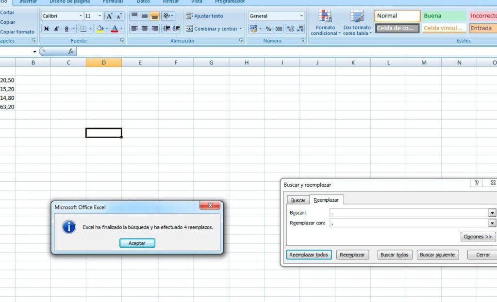 como reemplazar comas por puntos en excel