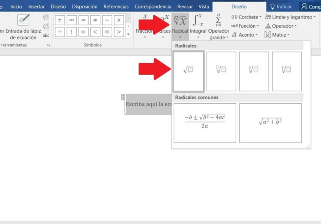 como se inserta la raiz cuadrada en microsoft word