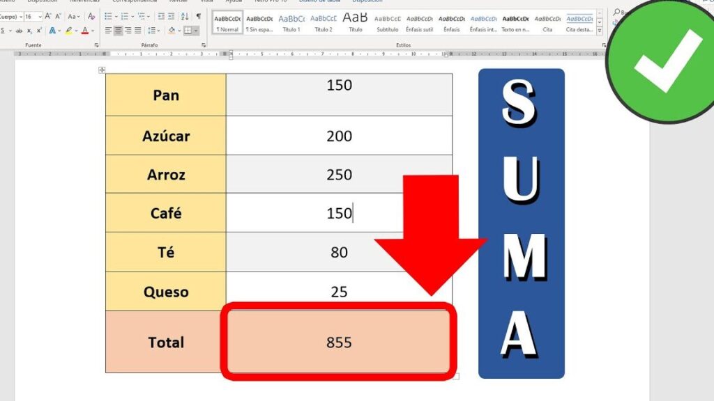 como se inserta una formula de suma en una tabla de word