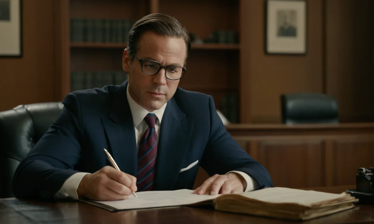 A lawyer sitting at a desk, reviewing documents and notes with a contract in the background.