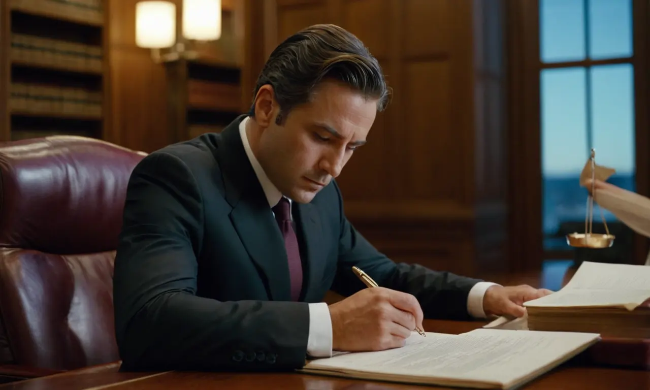 A lawyer examining documents with contracts and amendments in the background.