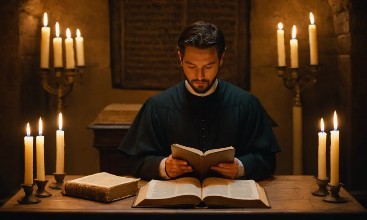 Una persona de pie ante una Biblia abierta sobre un lectern, rodeada de velas y manuscritos antiguos.