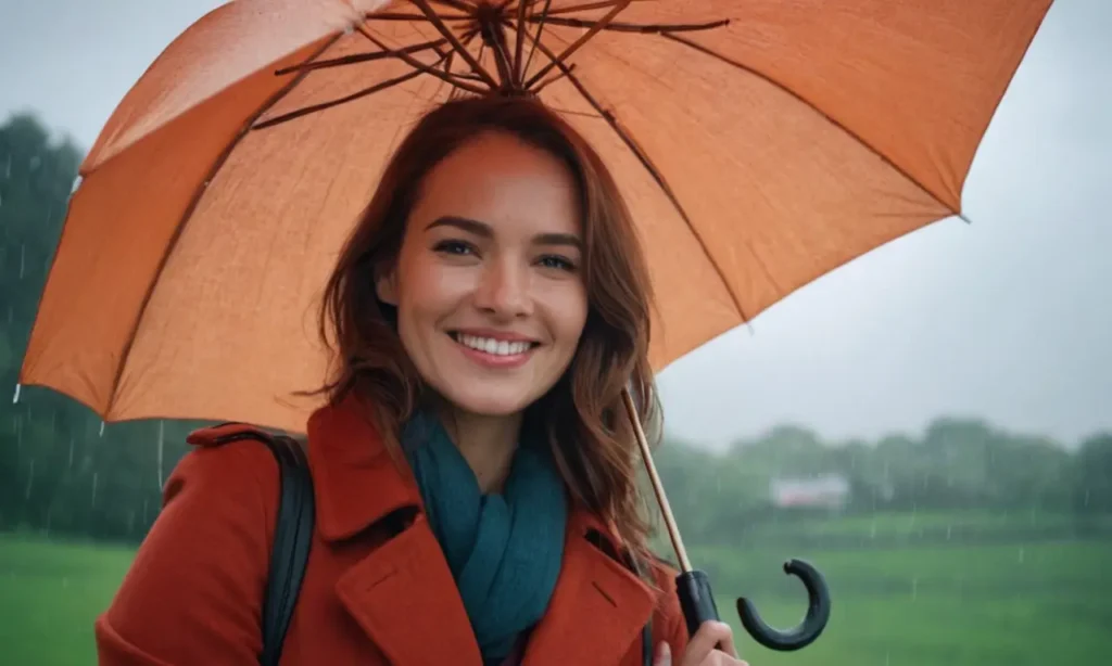 Una persona sonriendo mientras sostiene un paraguas bajo el clima nublado.