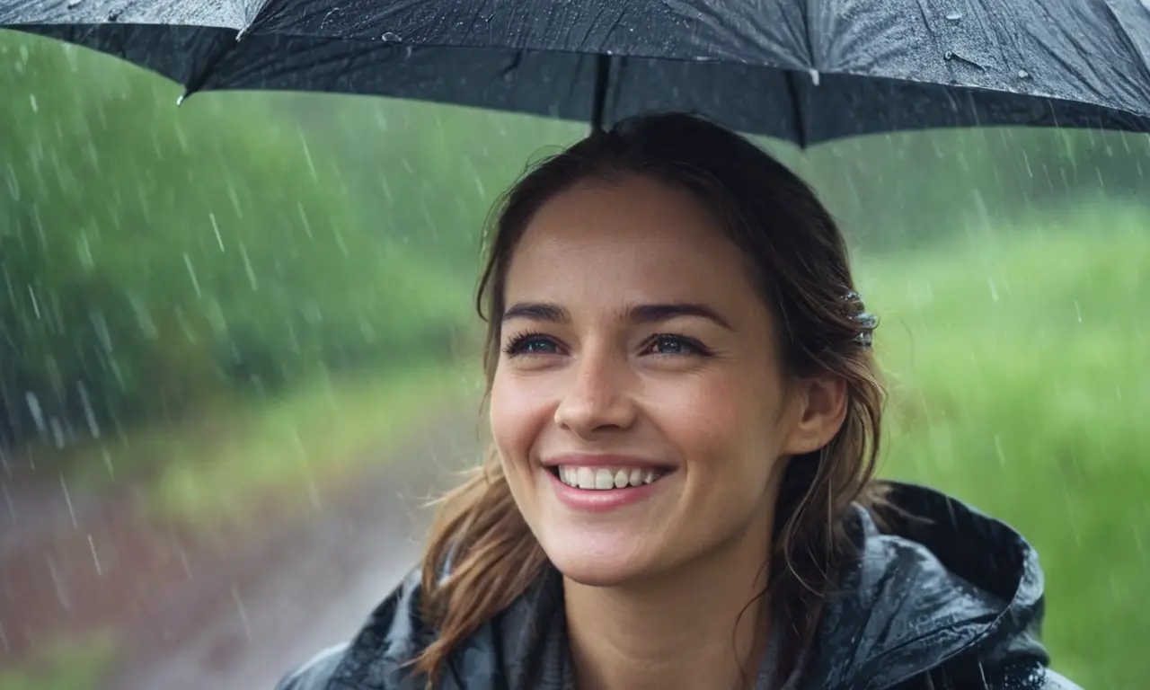 Una persona sonriendo frente a la lluvia o el clima tormentoso.