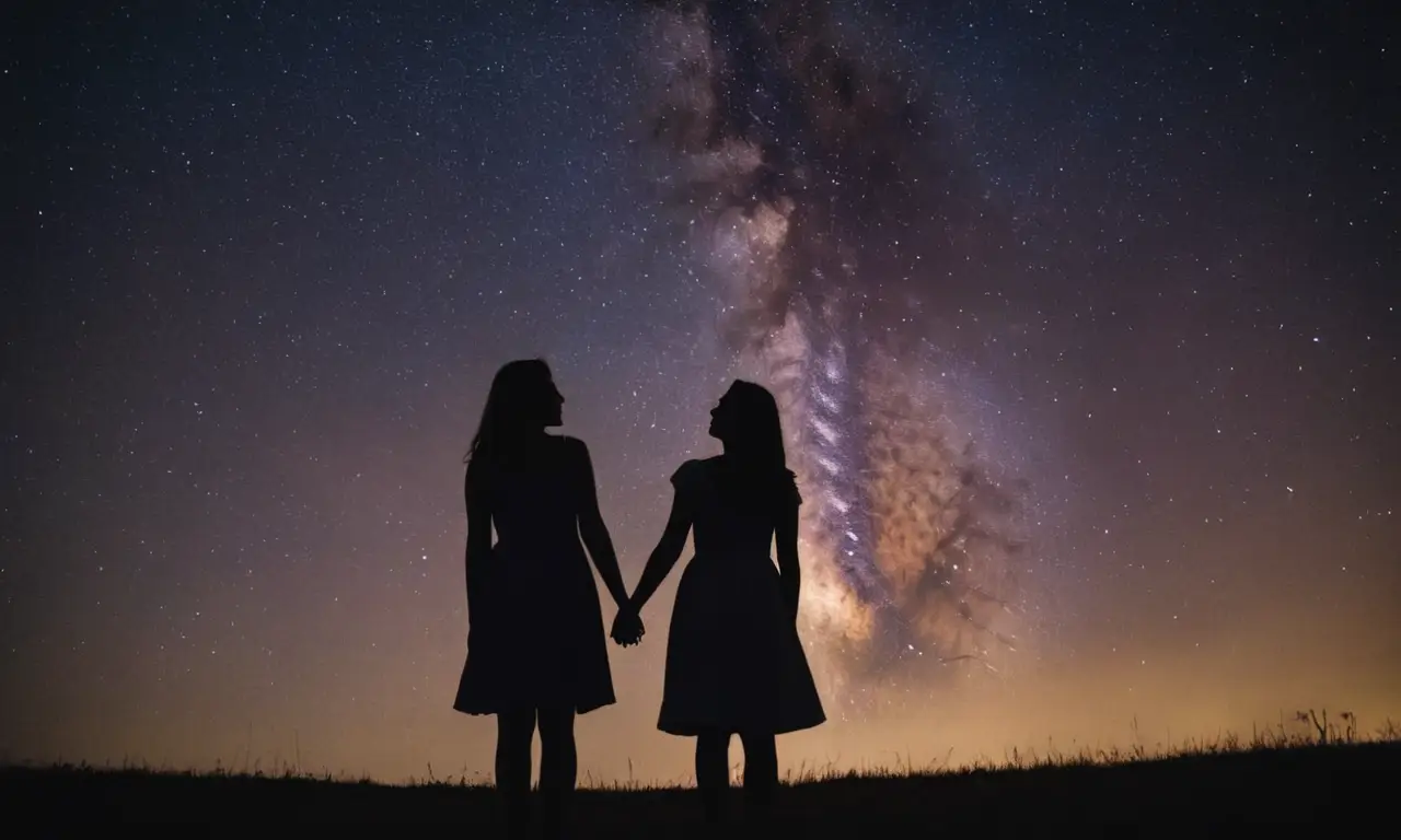 Dos siluetas de mujeres paradas bajo un cielo nocturno estrellado.