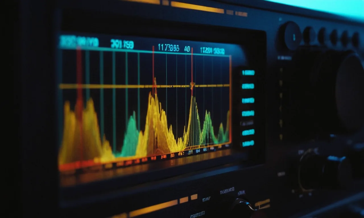 Las ondas de radio emiten desde un transmisor, con señales AM/FM mostradas en un analizador de espectro.