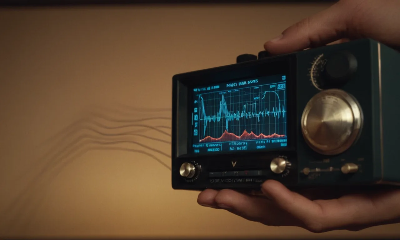 Una persona que sostiene una radio con un diagrama de ondas de radio en el fondo.