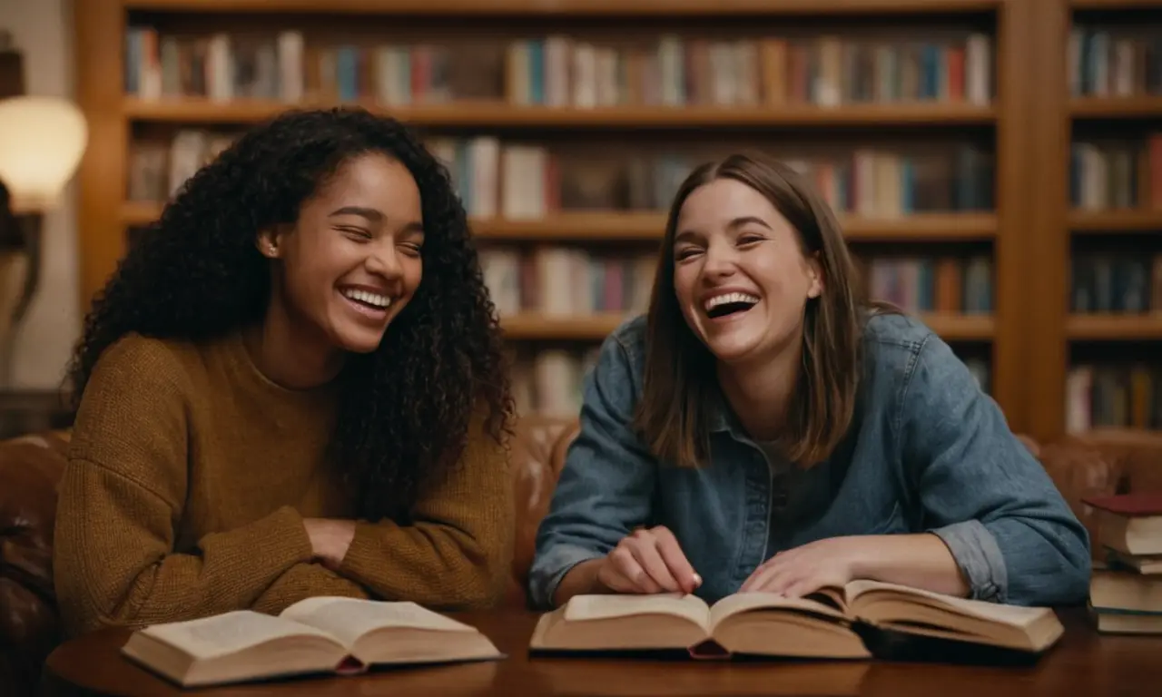 Dos amigos riéndose juntos en un ambiente acogedor, rodeado de libros y palabras sobre amistad.