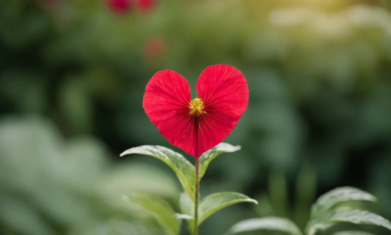 Una flor en forma de corazón floreciendo en un entorno de jardín sereno.