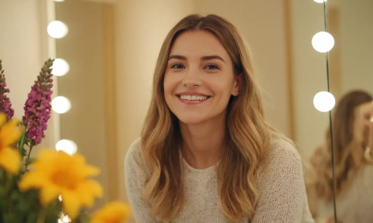 Una persona sonriendo frente a un espejo con un fondo brillante y flores.