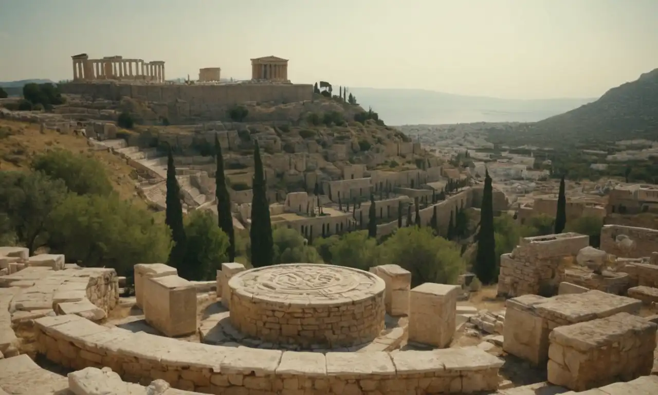 Símbolos anarquistas y figuras históricas en un telón de fondo de la antigua Grecia.