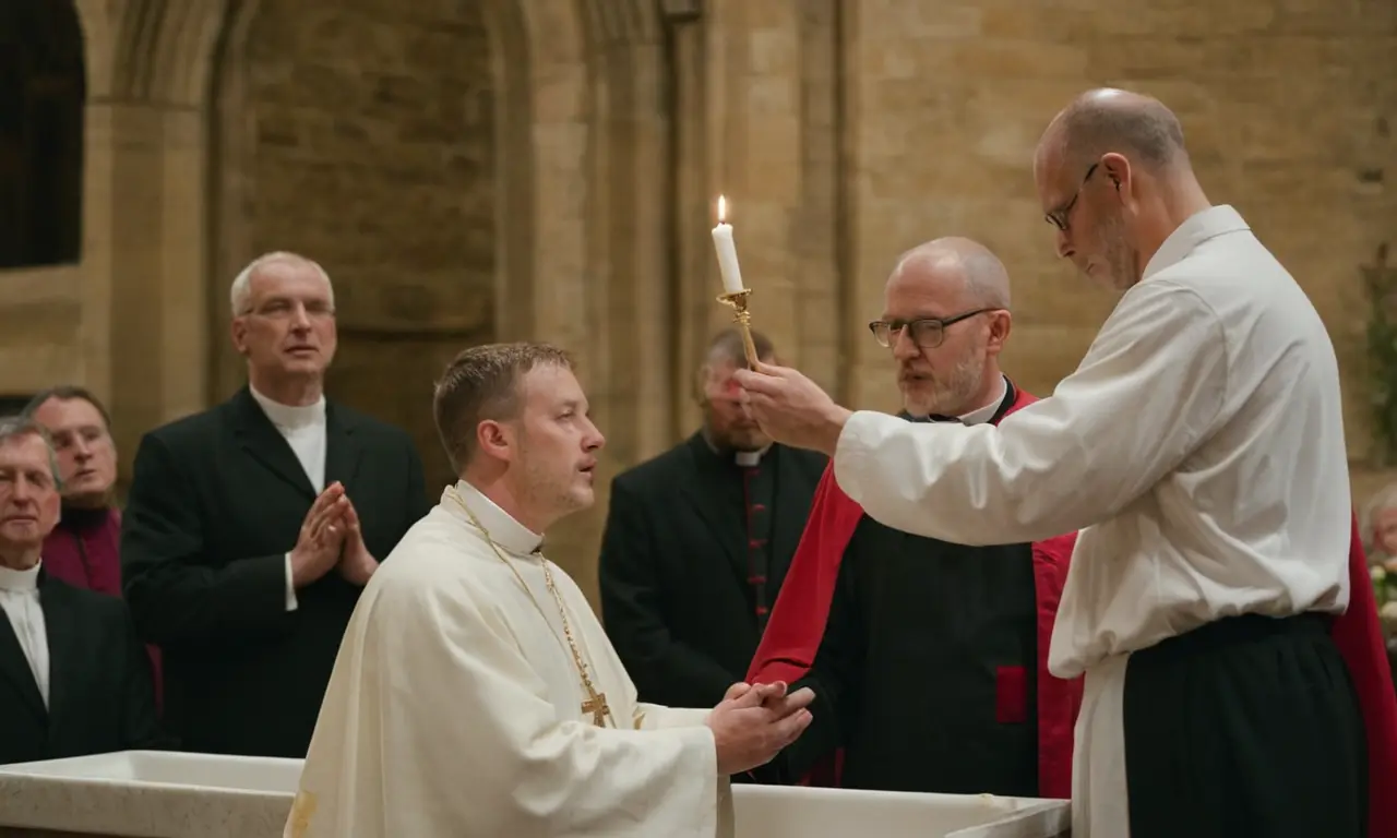 Una persona que recibe el bautismo por un sacerdote anglicano en un ambiente de iglesia.