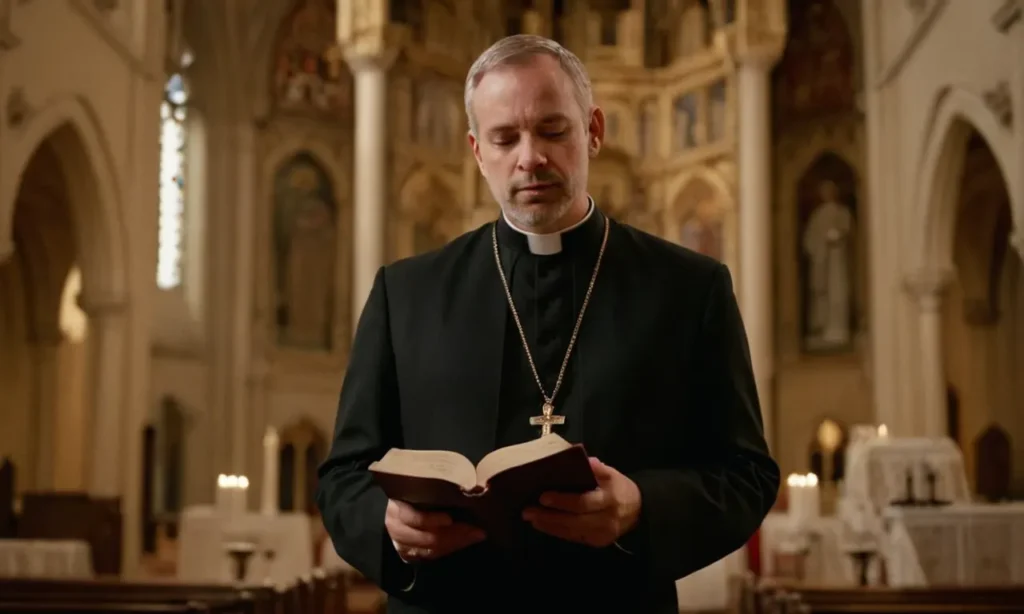 El sacerdote anglicano sostiene una Biblia frente a un telón de fondo de la iglesia.