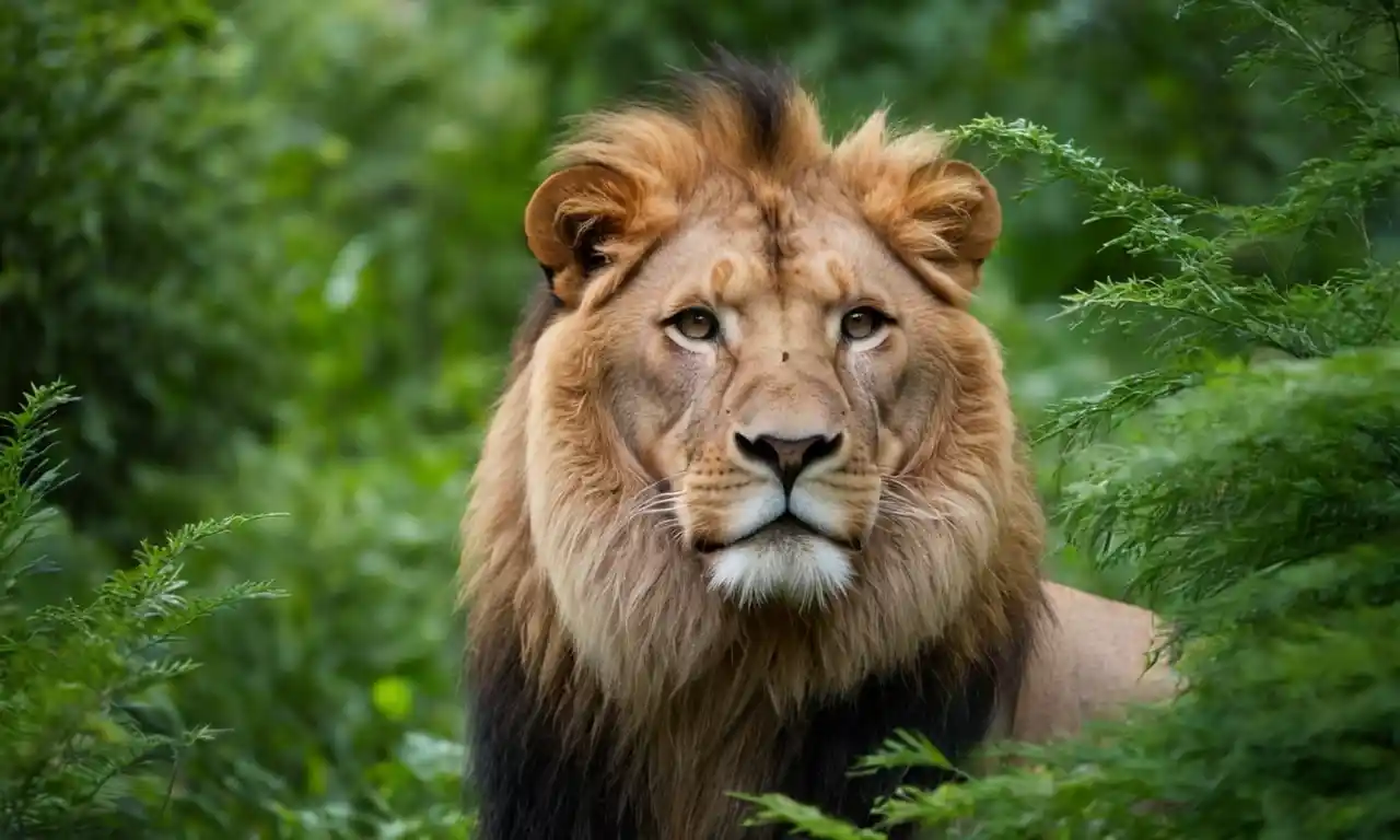 Un león en su hábitat natural, rodeado de follaje y un gradiente de fondo sutil.