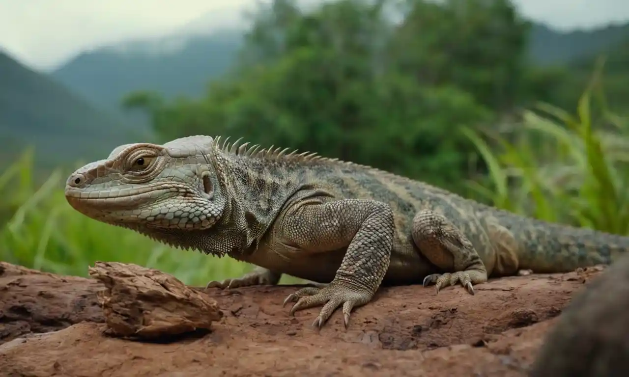 Un animal grande como lagarto en su hábitat natural, con varios animales carnívoros en el fondo.