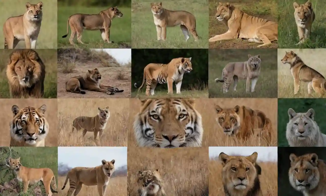 Un collage de varios animales carnívoros como leones, tigres y lobos.