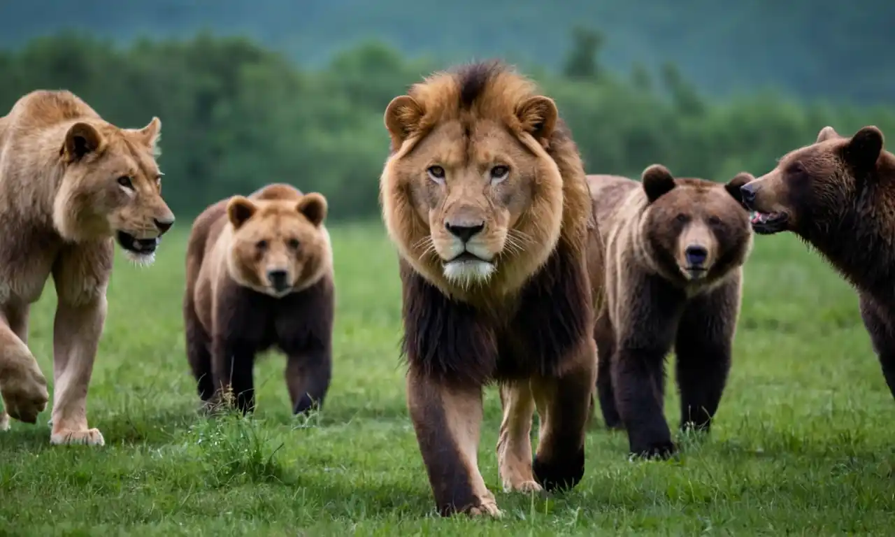 Un grupo de animales carnívoros como leones, lobos y osos en sus hábitats naturales.