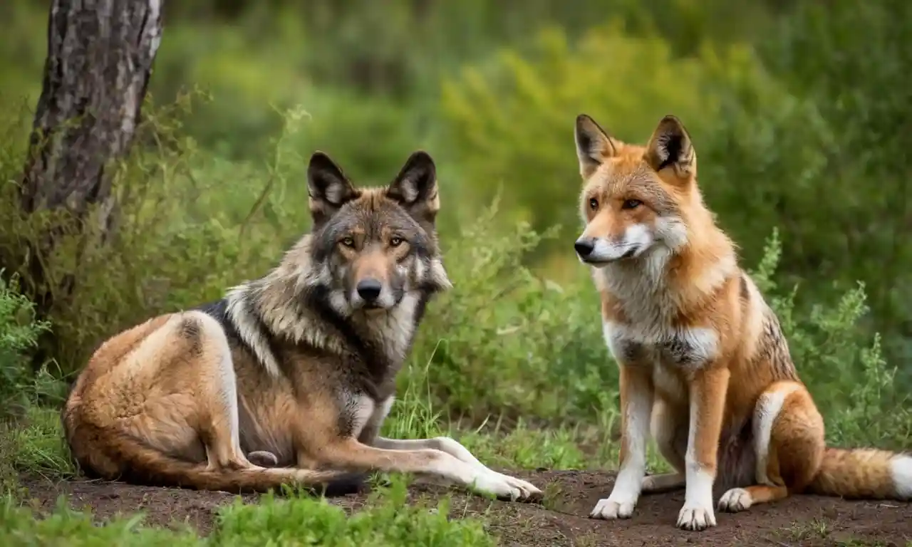 Un lobo, un perro salvaje y un zorro sentados juntos en un hábitat natural.