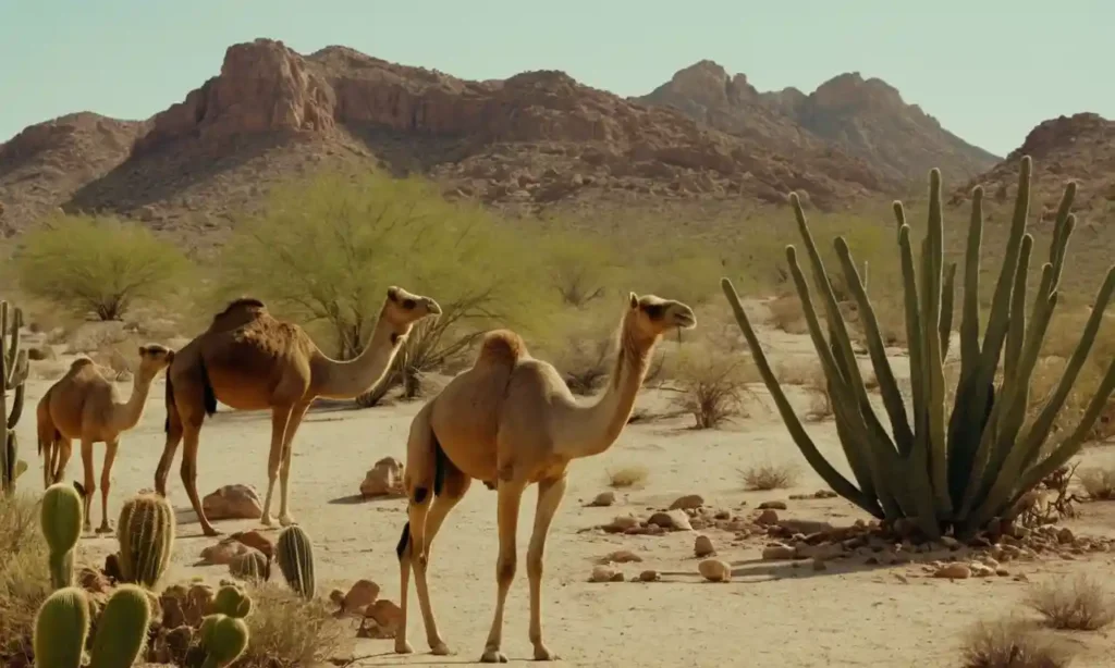 Paisaje del desierto con diversos cactus y animales como camellos