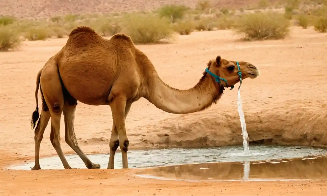 Cameles y otros animales del desierto que beben de fuentes de agua de oasis.