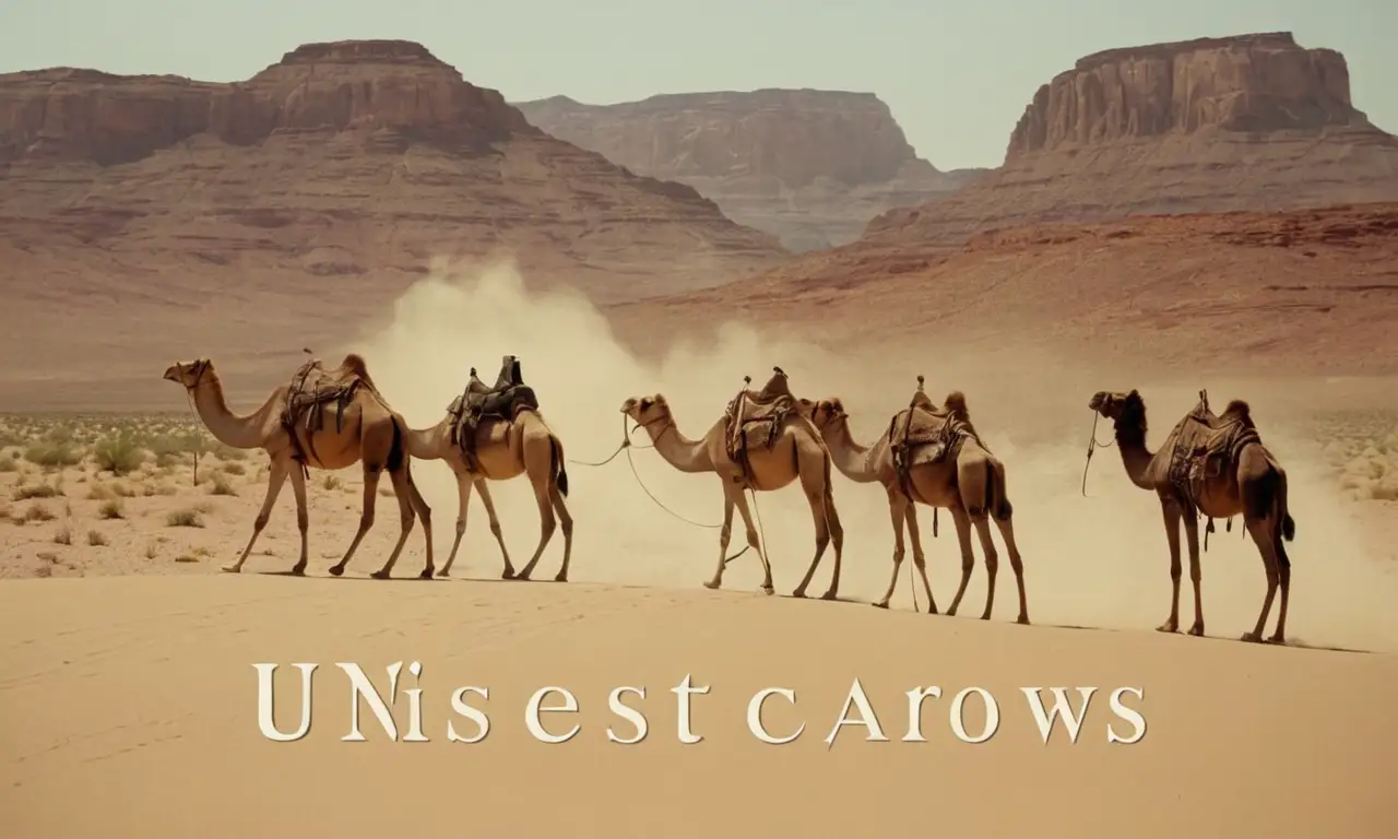 Cameles de pie en un paisaje del desierto, con flechas y texto destacando sus características únicas.