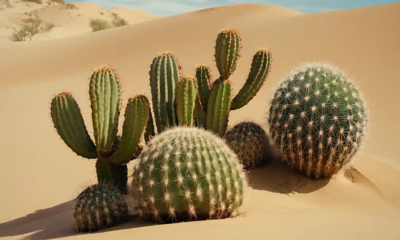 Un grupo de animales del desierto con adaptaciones únicas, tales como cáscaras en forma de cactus y abrigos de piel, en medio de un paisaje de dunas arenosas.