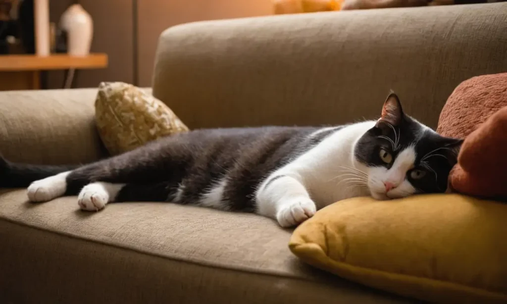 Un gato se curó en un sofá con varios otros animales domésticos que lo rodean.