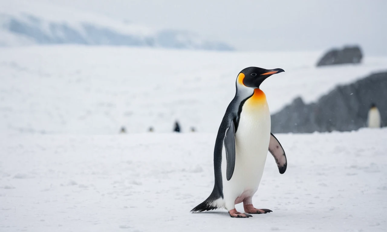 Un pingüino en un paisaje nevado con otra fauna.