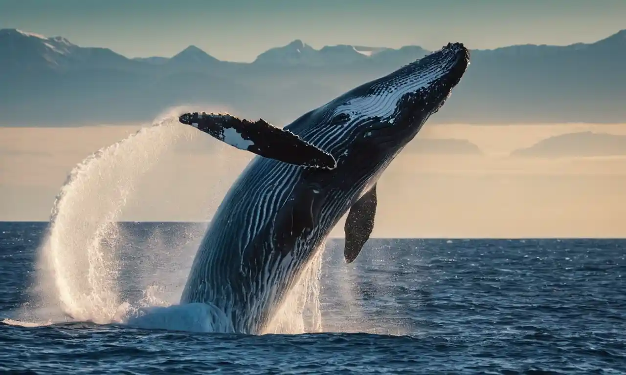 Una ballena majestuosa que rompe los océanos en un hábitat natural.