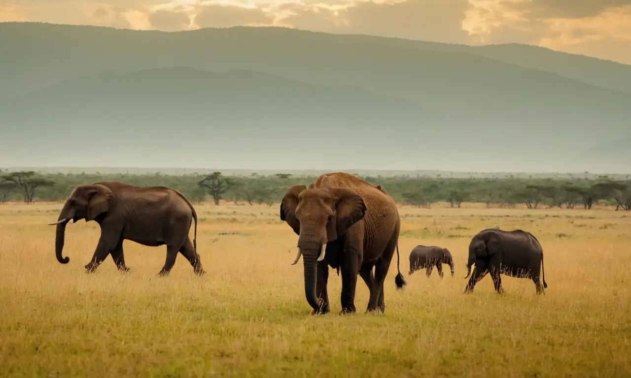 Un paisaje espeluznante con animales salvajes como bisonte, elefantes y leopardos vagando libremente.