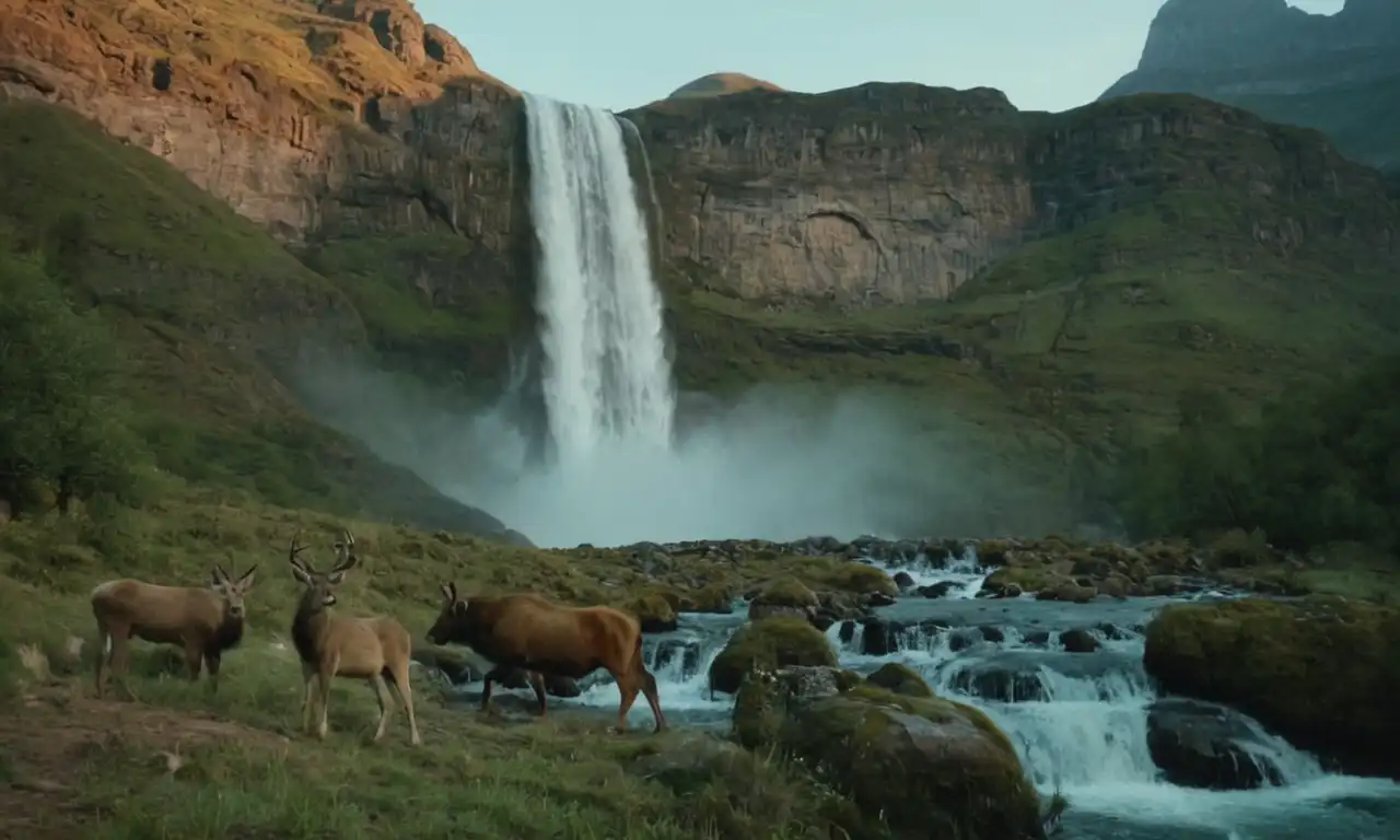 Animales salvajes que recorren un paisaje natural, como árboles, montañas y cascadas.