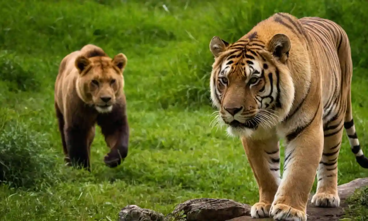 Animales salvajes como leones, tigres y osos en sus hábitats naturales.