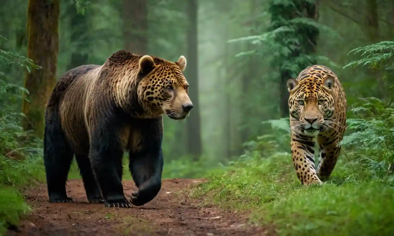 Un bosque denso con un oso majestuoso y un majestuoso jaguar caminando juntos.