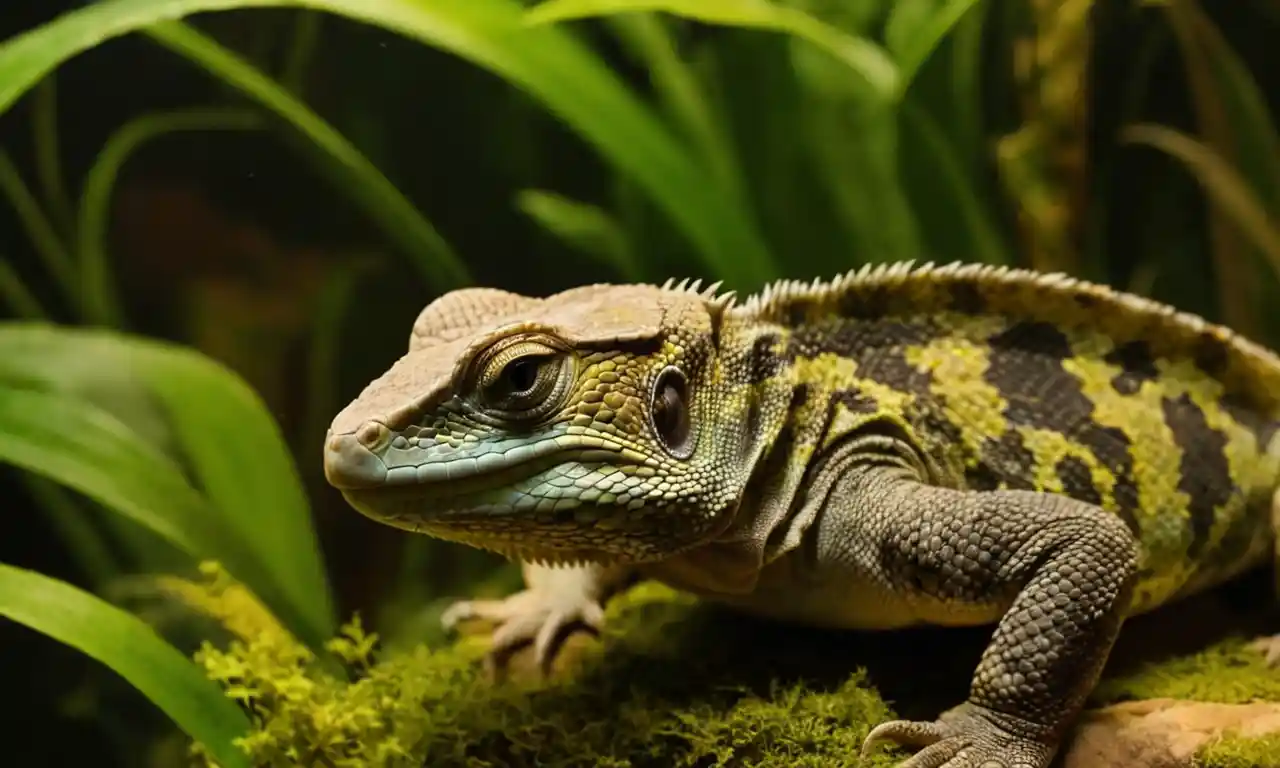 Especies reptiles escamosas en exhibición en un terrario con varios ejemplos.