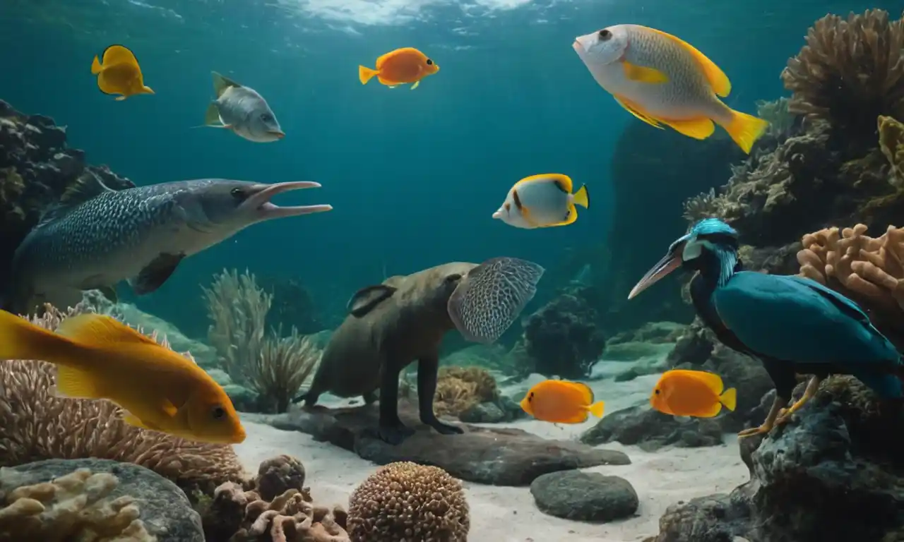 Un grupo de diferentes animales vertebrados, como peces, aves y mamíferos.