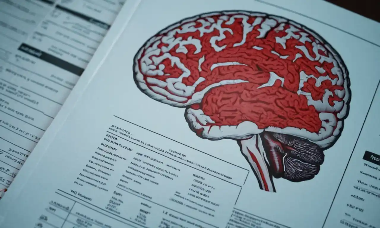 Una imagen de escaneo cerebral con relieves rojos en un área específica, rodeado de diagramas y diagramas médicos.