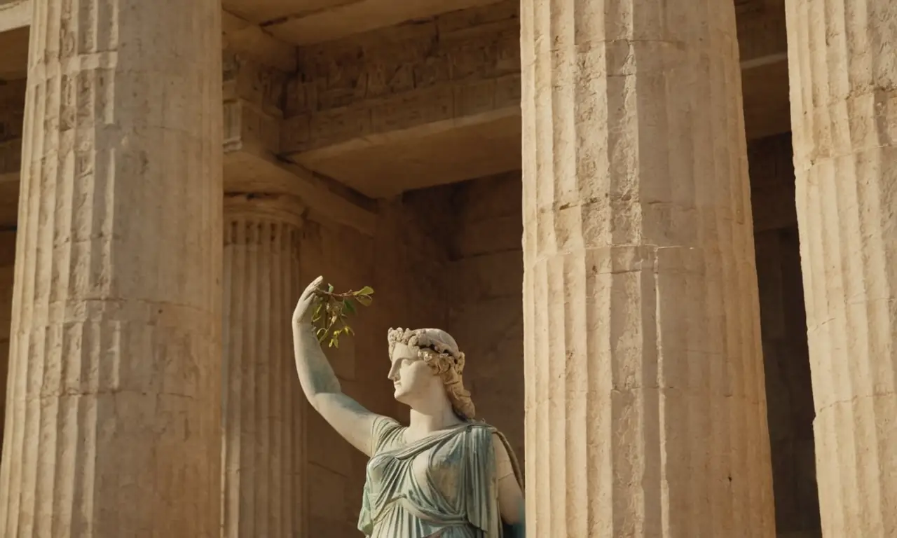 Antiguo templo griego con la estatua de Apolo y una sacerdotisa sosteniendo una rama laurel.