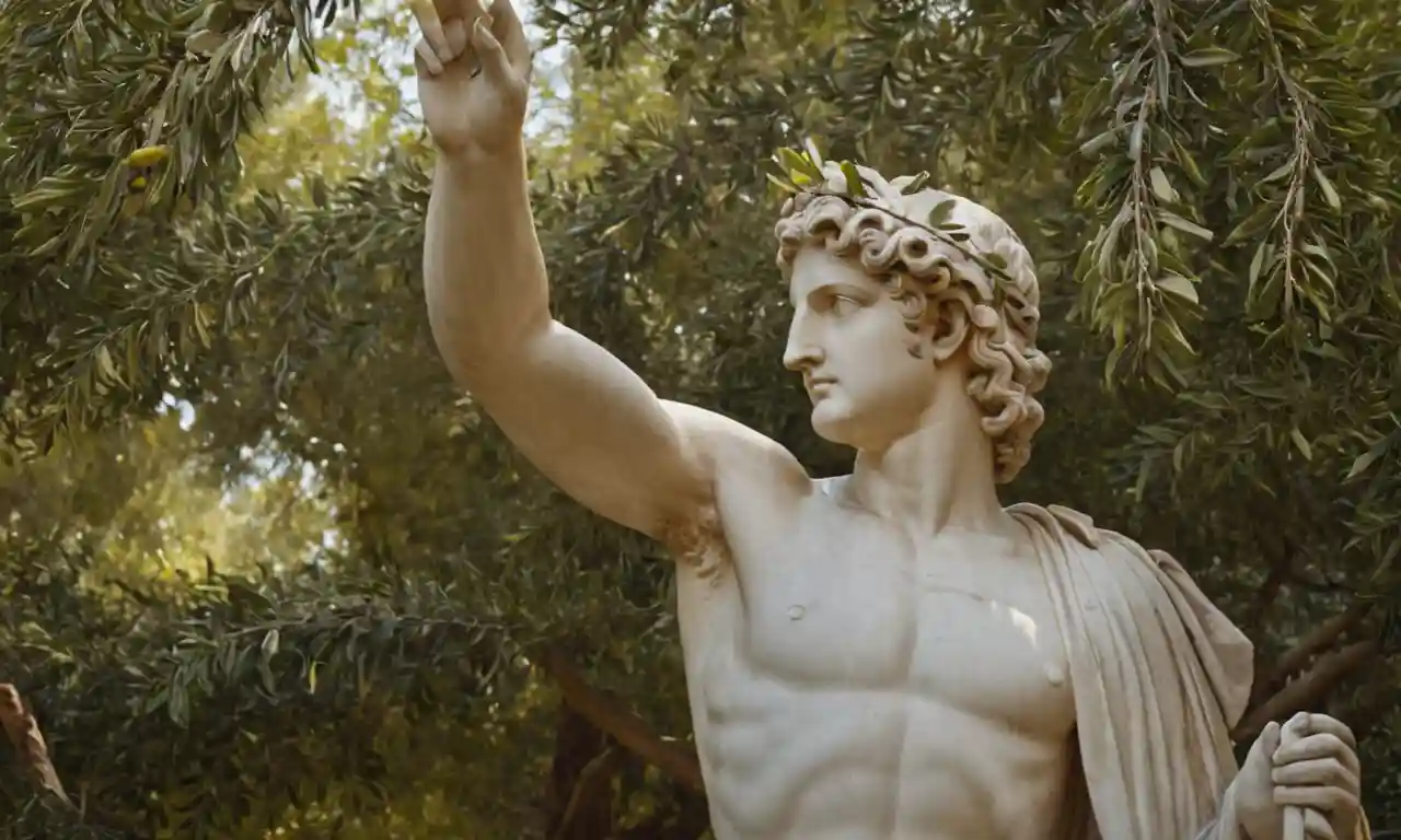 Una antigua estatua griega de Apolo rodeada de hojas de oliva y coronas laureles.