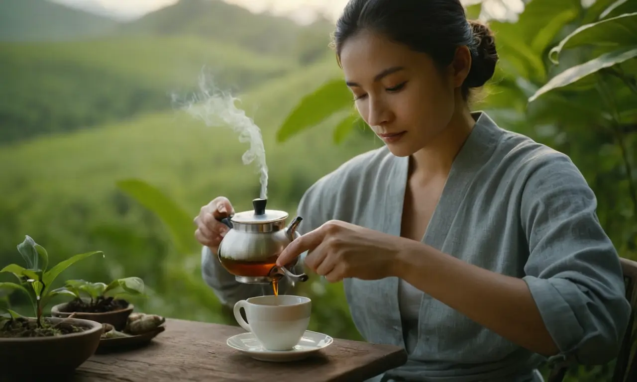 Una persona cuidadosamente la elaboración y disfrutar de una taza de té de oolong en medio de un entorno natural sereno.