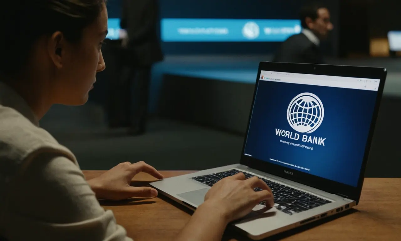 Una persona mirando los datos en un portátil con el logotipo del Banco Mundial en el fondo.