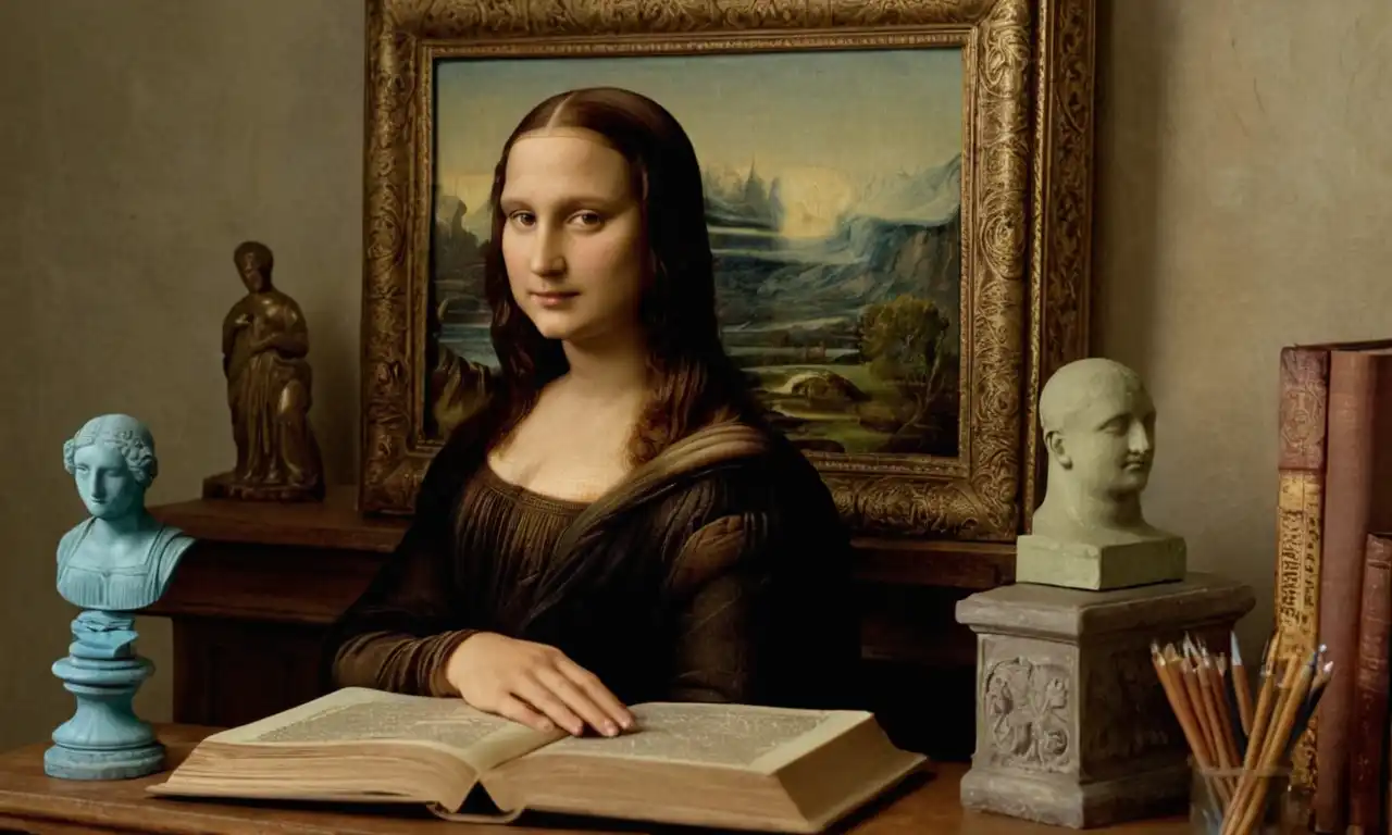 Leonardo da Vincis Mona Lisa y la estatua de Venus de Milo, puesta en un fondo de artículos y libros de arte.