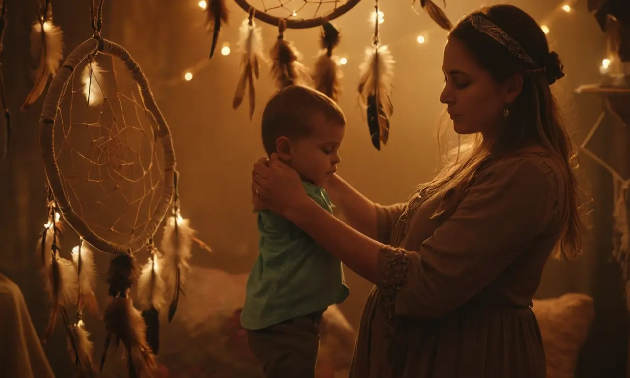 Una madre que sostiene una mano de niños, rodeada de cazadores de sueños y elementos místicos.