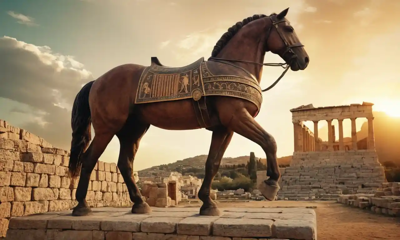 Una ilustración del Caballo de Troya con antiguas ruinas griegas y romanas en el fondo.