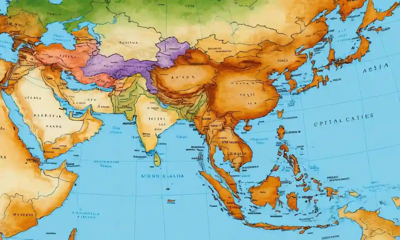 Un mapa detallado de Asia destacando las fronteras con ciudades de capital marcadas.