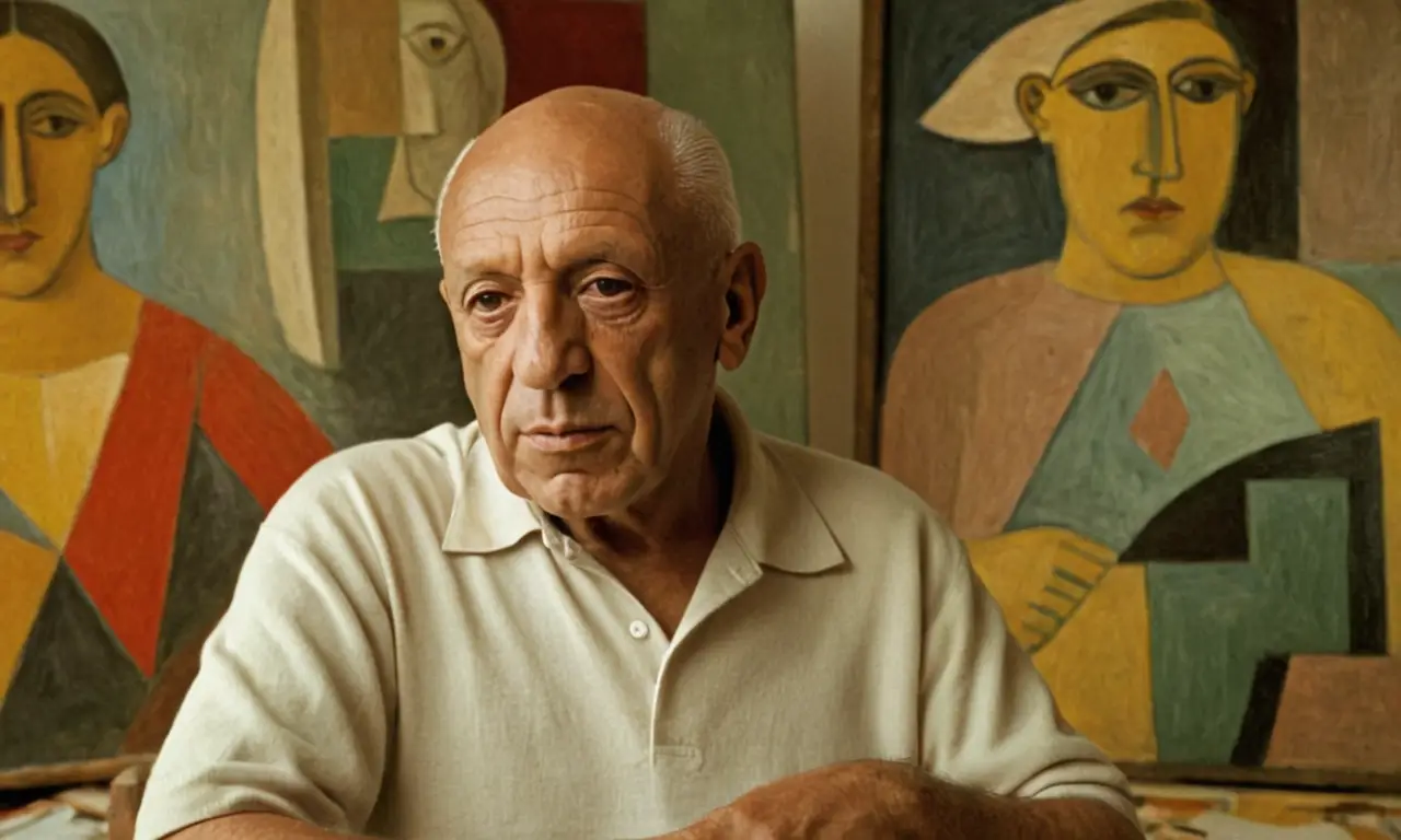 Un retrato de Pablo Picasso en su estudio rodeado de sus famosas obras cubistas.