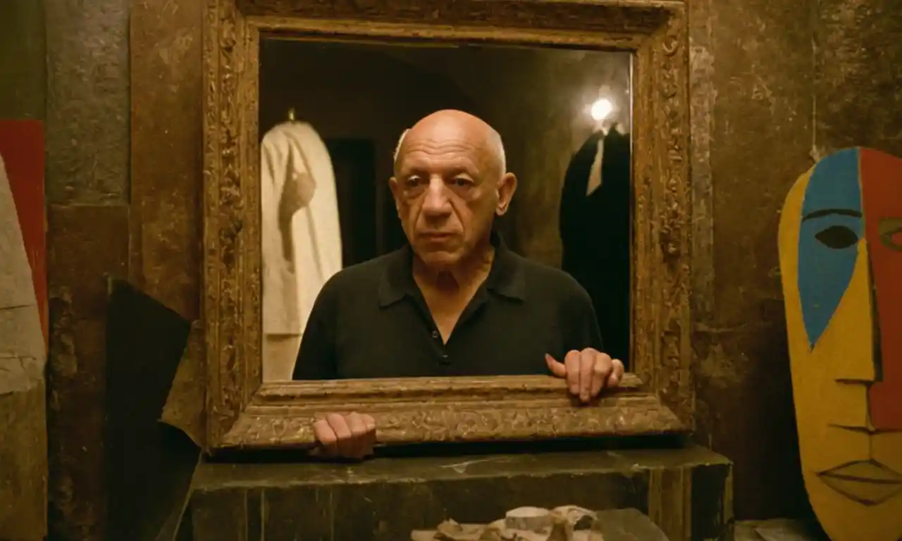 El artista Pablo Picasso está frente a una imagen de espejo fragmentada, rodeada de materiales artísticos.