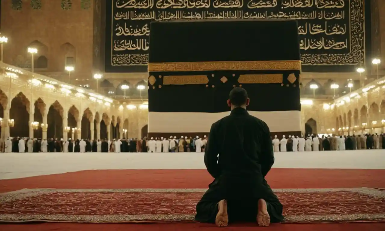 Una persona arrodillada en oración frente a la Kaaba, con caligrafía árabe y patrones islámicos en el fondo.