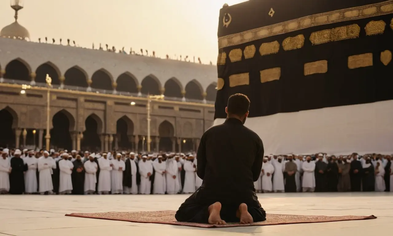 Una persona arrodillada en oración hacia el Kaaba al amanecer.